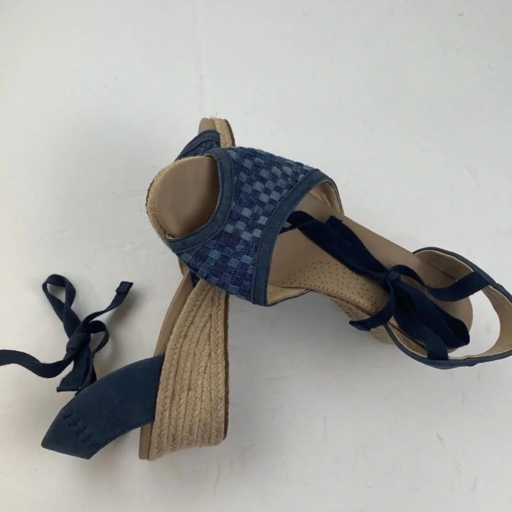 UGG Delmar Woven Patchwork Denim Leather Wedge Ankle Tie Sandals NWOT 8.5*Spots*